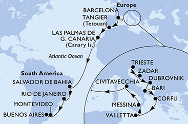 Taliansko, Chorvátsko, Grécko, Malta, Španielsko, Maroko, Brazília, Uruguaj, Argentína z Trieste na lodi MSC Fantasia