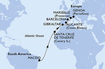 Brazília, Španielsko, Gibraltár, Francúzsko, Taliansko z Maceia na lodi MSC Seaview