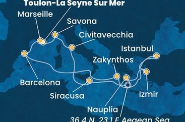 Francúzsko, Taliansko, Grécko, Turecko, Španielsko z Toulonu na lodi Costa Fascinosa