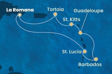 Dominikánska republika, Svätá Lucia, Barbados, Guadeloupe, Svätý Krištof a Nevis, Britské Panenské ostrovy z La Romany na lodi Costa Pacifica