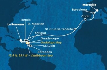 Dominikánska republika, Svätá Lucia, Barbados, Guadeloupe, Zámořské společenství Francie, Antigua a Barbuda, Britské Panenské ostrovy, Svatý Martin, Španielsko, Francúzsko z La Romany na lodi Costa Fascinosa