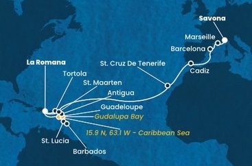 Dominikánska republika, Svätá Lucia, Barbados, Guadeloupe, Zámořské společenství Francie, Antigua a Barbuda, Britské Panenské ostrovy, Svatý Martin, Španielsko, Francúzsko, Taliansko z La Romany na lodi Costa Fascinosa