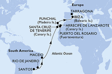 Brazília, Španielsko, Portugalsko zo Santosu na lodi MSC Splendida